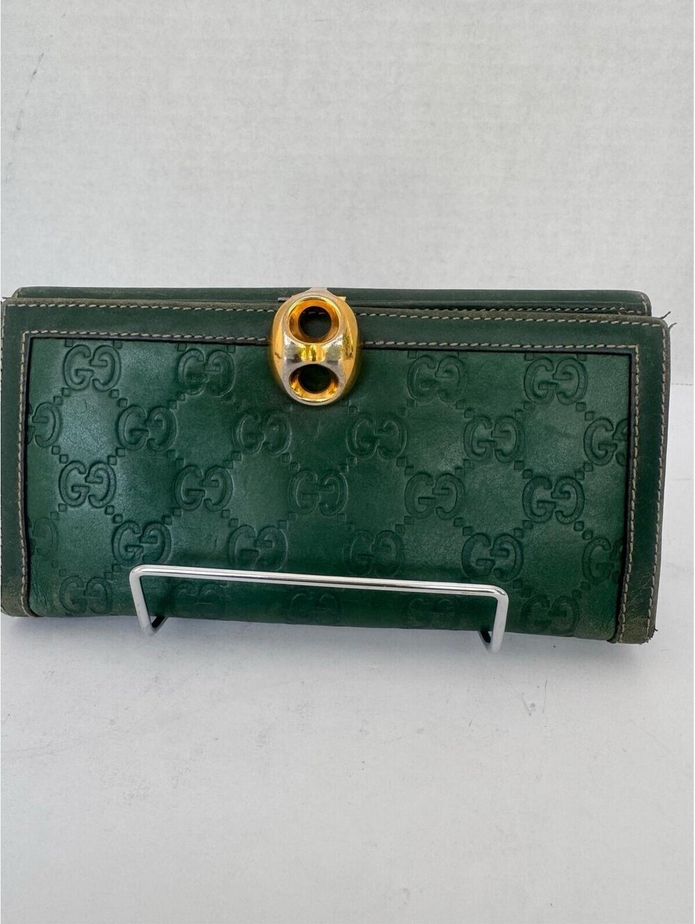 Vintage Gucci Green Guccissima Leather Long Wallet — Gold Oval Clip Clasp